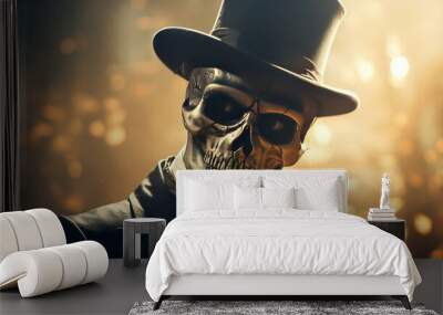 Portrait of a man with skull makeup and top hat. Halloween. Wall mural