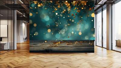 Shiny gold coins falls on table on a dark background with bokeh effect Wall mural