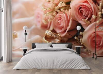 Wedding rings on a background of pink roses and pearls Wall mural