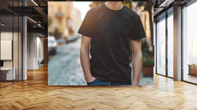 Young Model Shirt Mockup, Boy wearing black t-shirt on street in daylight, Shirt Mockup Wall mural