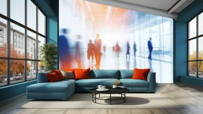 Abstract blurred business environment with blue and orange hues: dynamic white glass office interior with corporate professionals Wall mural