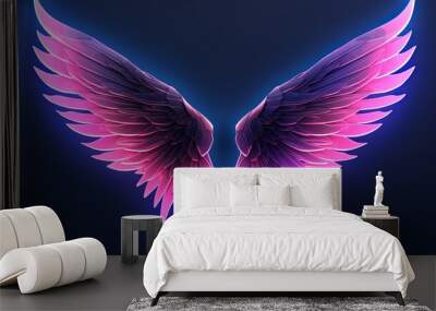 abstract neon angel wings illuminated by pink and blue lights on UV geometric background - cyberspace futuristic wallpaper Wall mural