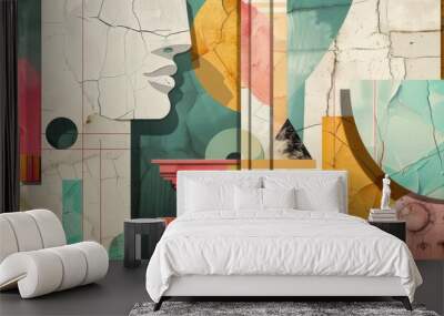 Abstract retro collage art: trendy paper composition illustration, vintage aesthetic wallpaper design Wall mural