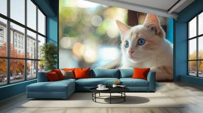 Adorable white cat with striking blue eyes sitting on a table with a bright window in the background, perfect for pet-themed designs, home decor, and cozy lifestyle scenes Wall mural