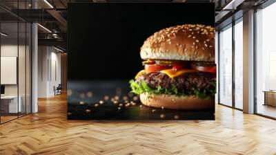 Bite into flavor: juicy beef burger on stylish black background, perfect for fast food restaurant designs or menus Wall mural