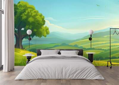 Cartoon illustration: vibrant spring meadow with trees, blue sky, and green hills - fresh green landscape scene Wall mural