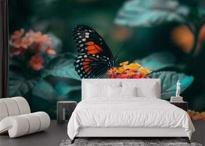 Close-up of a beautiful butterfly resting on a vibrant flower petal, detailed macro shot featuring colorful insect wings and blooming flora, ideal for nature and wildlife wallpapers Wall mural