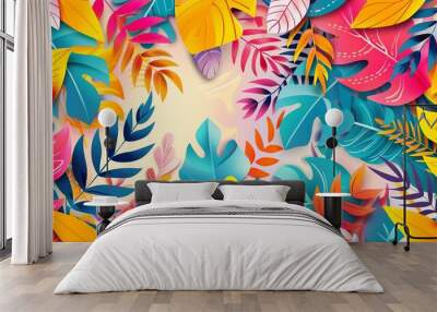 Colorful abstract travel pattern background with vibrant geometric shapes and tropical elements, ideal for summer-themed designs, vacation promotions, and holiday invitations, featuring dynamic and pl Wall mural