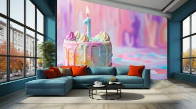 Colorful first-year birthday cake celebration on isolated pastel background Wall mural