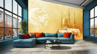 Colorful islamic background celebrating eid al adha with festive goat illustration Wall mural