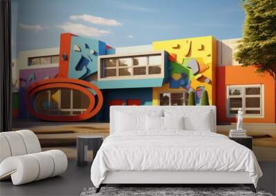 Colorful Preschool Building Exterior with Playful Educational Murals, Ideal for Childcare and Learning Concepts Wall mural