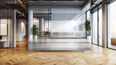 contemporary office corridor interior with mock up white billboard, glass doors, and modern furniture on concrete floors - architectural and design concept Wall mural