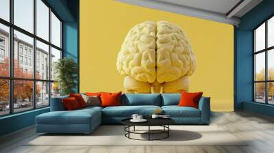 Detailed 3d rendering of a yellow human brain anatomical model, featuring intricate neural pathways and structures, ideal for medical education, neuroscience studies, and cognitive science illustratio Wall mural