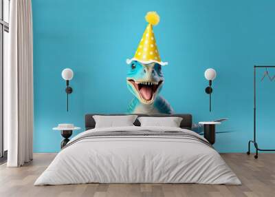 dinosaur in birthday hat holding happy birthday sign on blue background - cute greeting card idea Wall mural