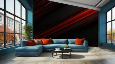 Dynamic red stripes on abstract black background - vibrant and modern design Wall mural