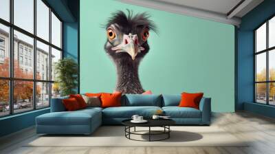 emu bird in party attire: colorful cone hat, necklace, and bowtie on pastel background with copy space - creative animal concept for birthday party invite Wall mural