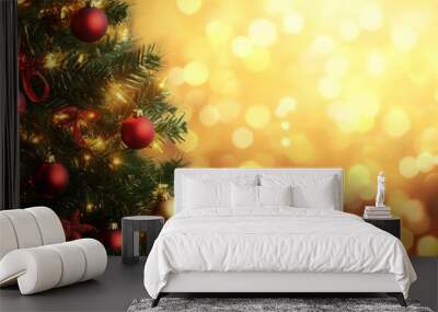 Festive christmas tree background with sparkling ornaments, twinkling fairy lights, and colorful baubles, creating a warm holiday atmosphere for seasonal celebrations, winter-themed cards, and merry c Wall mural