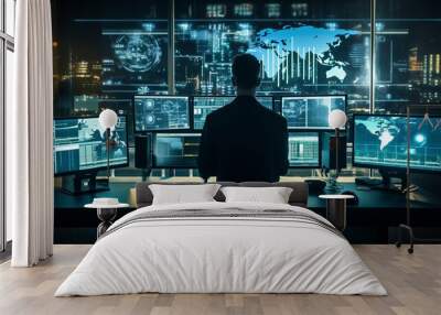 focused cybersecurity expert monitoring network operations center, cyber awareness training Wall mural