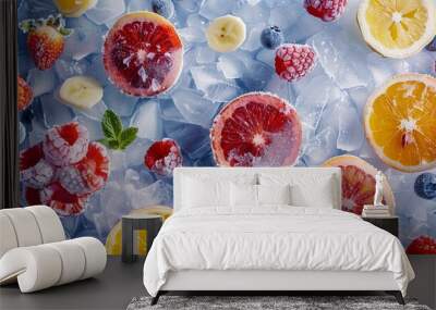 Frozen fruit delight: vibrant slices on chilled surface - refreshing background for summer concepts Wall mural