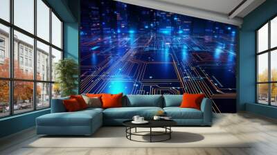 futuristic electronic circuit board: abstract colorful technology background, big data communication concept Wall mural