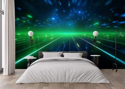 Futuristic neon wave lines and bokeh lights - abstract background with green and blue glowing elements. Concept of high-speed data transfer. Fantastic wallpaper in motion Wall mural