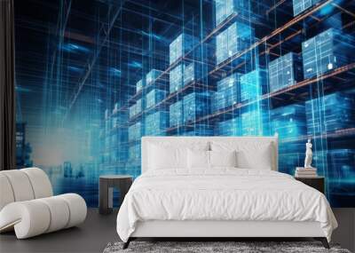 Futuristic technology retail warehouse with electronic grids and barcode scanner banner - digital innovation in retail logistics Wall mural