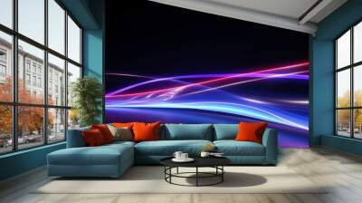 Glowing neon light trails: dynamic speedy 3d effects in uv & blue laser light. High-speed motion blur night lights with semicircular wave, curve swirl, & incandescent optical fiber. Png vector Wall mural