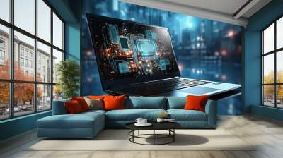 laptop on modern technological background - innovative workspace concept Wall mural