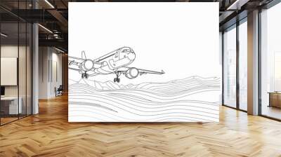 Minimalist one-line drawing of airplane with straight flight path and blank copy space for travel, aviation, and adventure concepts – continuous line art illustration ideal for posters, brochures, and Wall mural