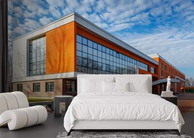 Modern high school building in polessk, kaliningrad region, russia, exterior view with clear sky background Wall mural