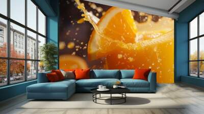 Refreshing orange fruit juice splash - healthy organic food concept with vibrant citrus refreshment and splash of vitality, perfect for summer beverages and wellness promotion Wall mural