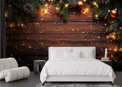 Rustic christmas background featuring brown wooden plank surrounded by warm fairy lights above and below, ideal for holiday advertisements and seasonal promotions with ample copy space for custom text Wall mural