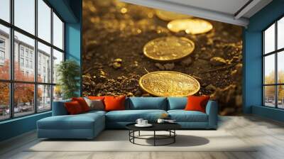 Scattered coins: finance and investment concept on ground, financial planning and wealth building Wall mural