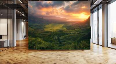 scenic sunset over lush green valley in hawaii with moody sky and verdant landscape Wall mural