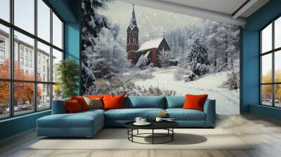 Scenic winter landscape of st. Magdalena village with snow-covered mountains and alpine forests, capturing the serene beauty of dolomite peaks in the italian alps under a clear blue sky Wall mural