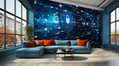 Shield icon on secure global network representing cyber security and information protection, advanced technology concept for business and internet marketing, ensuring data safety and digital defense a Wall mural