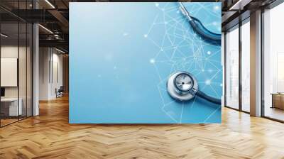 Stethoscope for medical doctor diagnosis on blue health science laboratory background with copy space, ideal for healthcare, medical research, and professional medical settings Wall mural