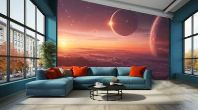 Sunrise over group of planets in deep space, cosmic exploration and astronomical discovery concept Wall mural