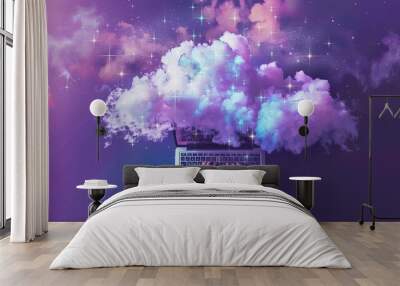 Top view of hands typing on laptop keyboard with futuristic cloud technology icons and digital data network on a purple background, ideal for cloud computing, data storage, and remote work concepts Wall mural