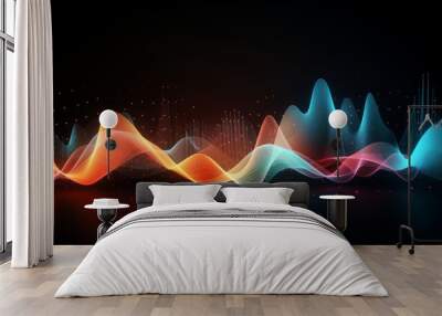 Vibrant 3d sound waves in abstract colorful motion on dark background - dynamic data visualization and abstract points graph - digital art illustration for multimedia and technology Wall mural