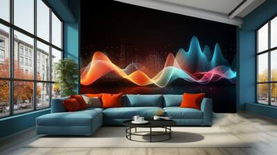 Vibrant 3d sound waves in abstract colorful motion on dark background - dynamic data visualization and abstract points graph - digital art illustration for multimedia and technology Wall mural