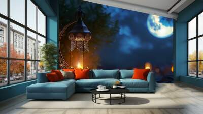 Vibrant illuminated islamic eid festival greeting with crescent moon and traditional lamp - cultural celebration concept Wall mural