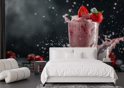 Vibrant strawberry milkshake splash with fresh strawberries on table - delicious summer beverage photography with dynamic splashes and black background Wall mural