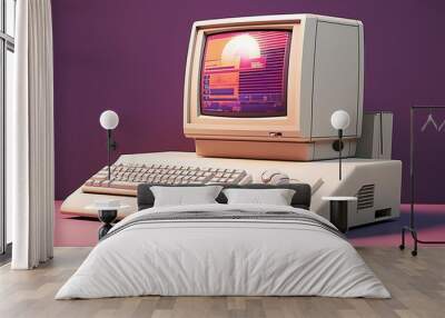 vintage 1990s computer setup with monitor, keyboard, and mouse Wall mural