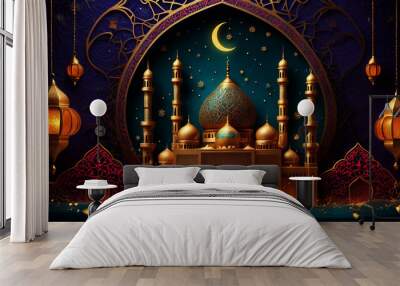 A blue mosque with a crescent moon and a moon in the background. Wall mural