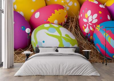 colorful happy easter eggs background generated by ai Wall mural