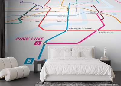 Underground, train railway and lines on map of metro for navigation, travel or transport with infrastructure. Chart, subway transportation or diagram for urban journey, route or itinerary to location Wall mural