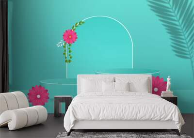 3D abstract pedestal podium background with colorful flowers for Spring vector illustration. Wall mural