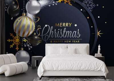 Beautiful glam christmas card with elegant white and black decoration balls with white feathers. merry christmas. Wall mural