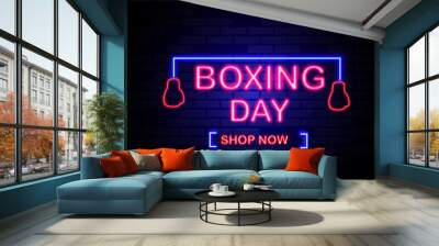 Boxing Day neon sign board vector illustration sale banner design. Wall mural